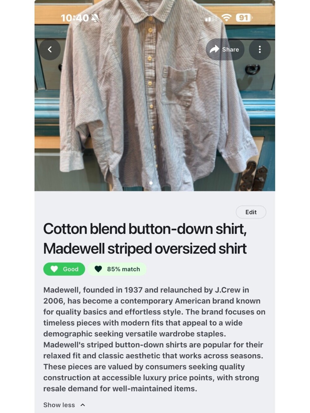Madewell Cotton Blend Striped Oversized Button-Down Shirt, Medium - Picture 4 of 4